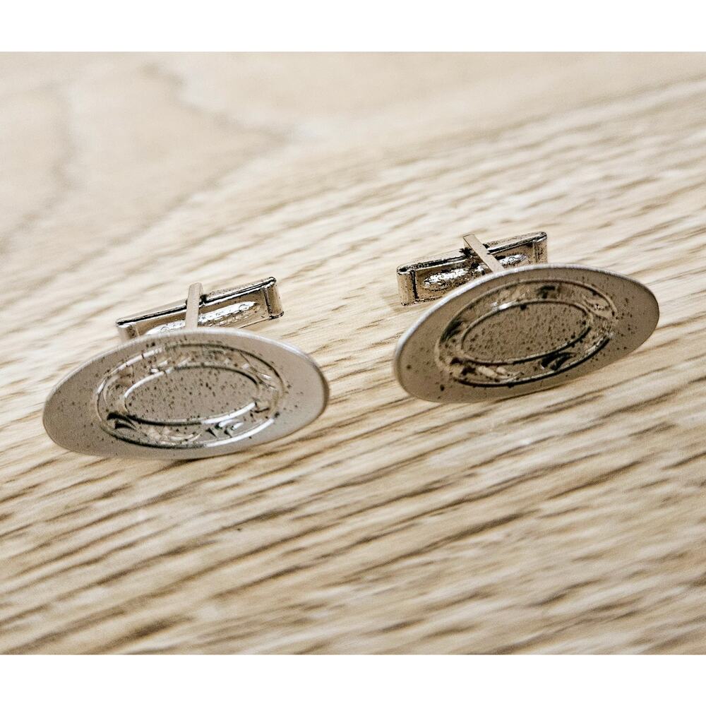 Vintage Silver Tone Oval Cufflinks Mens Cuff Link Jewelry